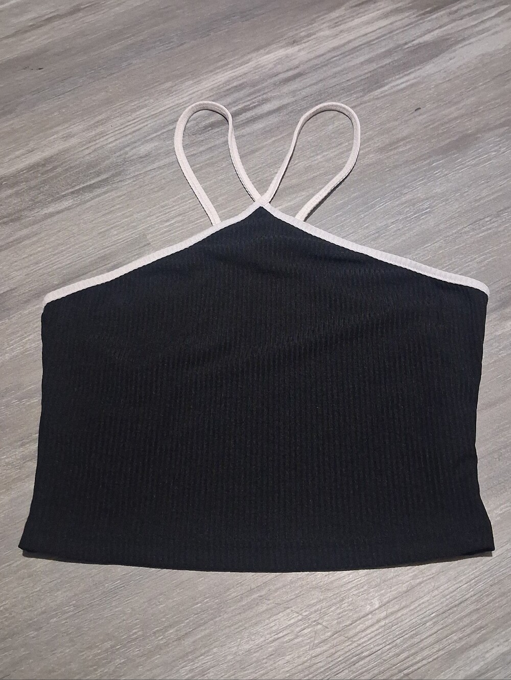 Black Ribbed Double-Strap Cropped Cami with Contrast Trim